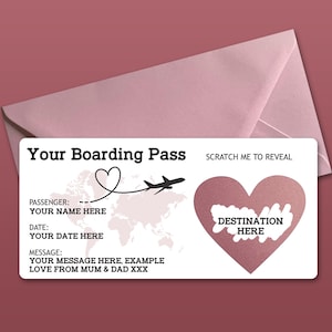 Personalised Scratch to Reveal Boarding Pass, Surprise Holiday Boarding Pass, Fake Boarding Pass for Holiday with Matching Envelope Rose / Pink Envelope