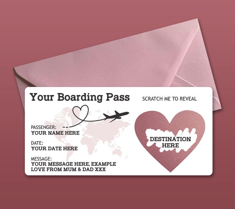 Personalised Scratch to Reveal Boarding Pass, Surprise Holiday Boarding Pass, Fake Boarding Pass for Holiday with Matching Envelope Rose / Pink Envelope