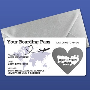 Personalised Scratch Reveal Boarding Pass, Scratch Off Surprise Boarding Card, Heart Reveal Boarding Pass for Surprise Holiday Destination Blue/Silver Envelope