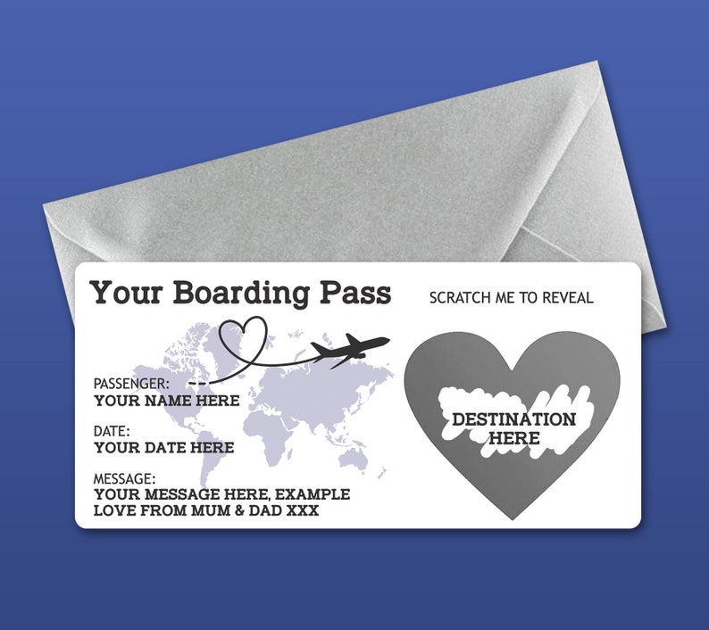 Personalised Scratch Reveal Boarding Pass, Scratch Off Surprise Boarding Card, Heart Reveal Boarding Pass for Surprise Holiday Destination Blue/Silver Envelope