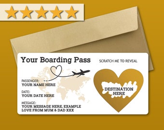 Personalised Scratch to Reveal Boarding Pass, Surprise Holiday Boarding Pass, Fake Boarding Pass for Holiday with Matching Envelope