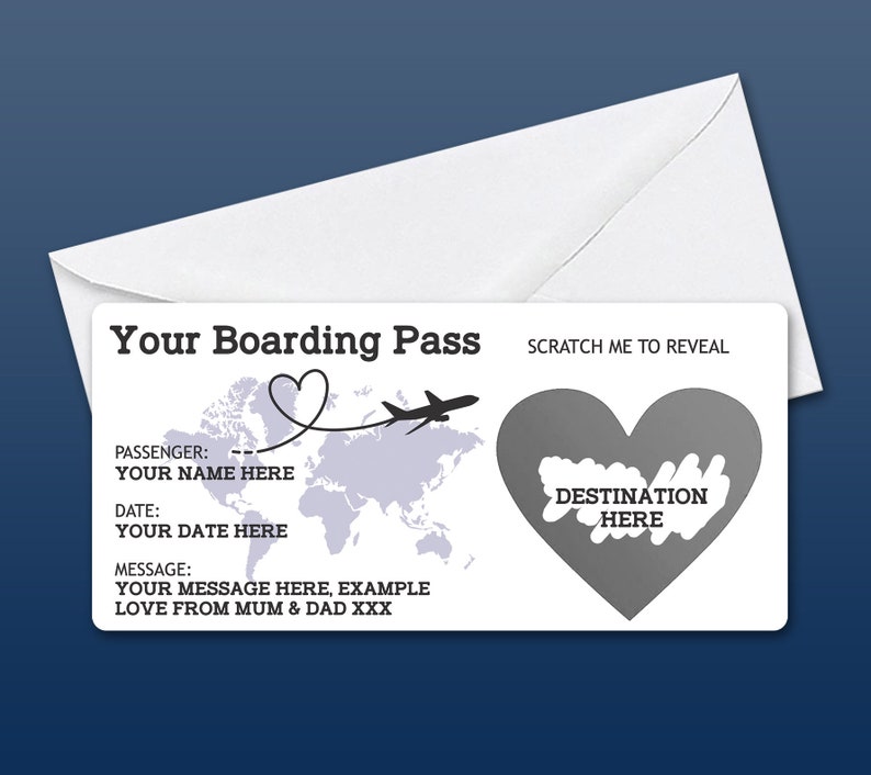 Personalised Scratch Reveal Boarding Pass, Scratch Off Surprise Boarding Card, Heart Reveal Boarding Pass for Surprise Holiday Destination Blue /White Envelope
