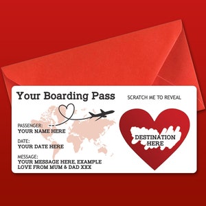 Personalised Scratch Reveal Boarding Pass, Scratch Off Surprise Boarding Card, Heart Reveal Boarding Pass for Surprise Holiday Destination Red /Red Envelope