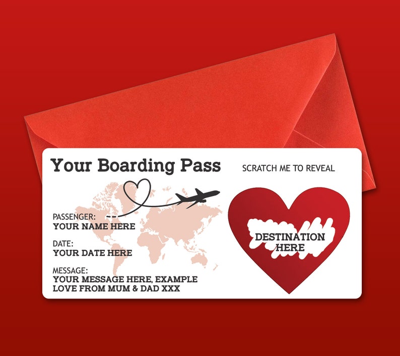 Personalised Scratch Reveal Boarding Pass, Scratch Off Surprise Boarding Card, Heart Reveal Boarding Pass for Surprise Holiday Destination Red /Red Envelope