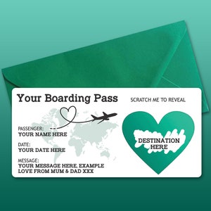 Personalised Scratch Reveal Boarding Pass, Scratch Off Surprise Boarding Card, Heart Reveal Boarding Pass for Surprise Holiday Destination Teal /Green Envelope