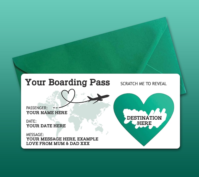 Personalised Scratch Reveal Boarding Pass, Scratch Off Surprise Boarding Card, Heart Reveal Boarding Pass for Surprise Holiday Destination Teal /Green Envelope