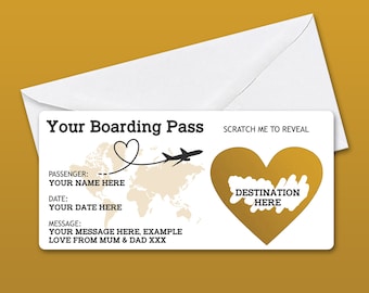 Personalised Scratch Reveal Boarding Pass, Scratch Off Surprise Boarding Card, Heart Reveal Boarding Pass for Surprise Holiday Destination