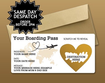 Personalised Scratch to Reveal Boarding Pass, Surprise Holiday Boarding Pass, Fake Boarding Pass for Holiday with Matching Envelope