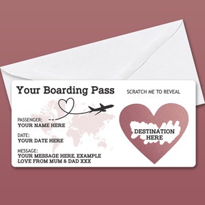 Personalised Scratch to Reveal Boarding Pass, Surprise Holiday Boarding Pass, Fake Boarding Pass for Holiday with Matching Envelope Rose /White Envelope