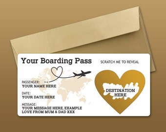 Personalised Scratch to Reveal Boarding Pass, Surprise Holiday Boarding Pass, Fake Boarding Pass for Holiday with Matching Envelope