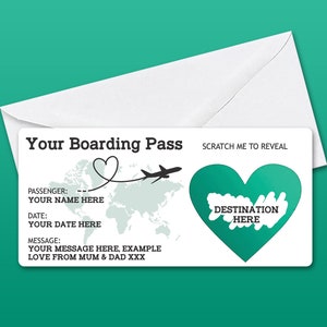 Personalised Scratch Reveal Boarding Pass, Scratch Off Surprise Boarding Card, Heart Reveal Boarding Pass for Surprise Holiday Destination Teal /White Envelope