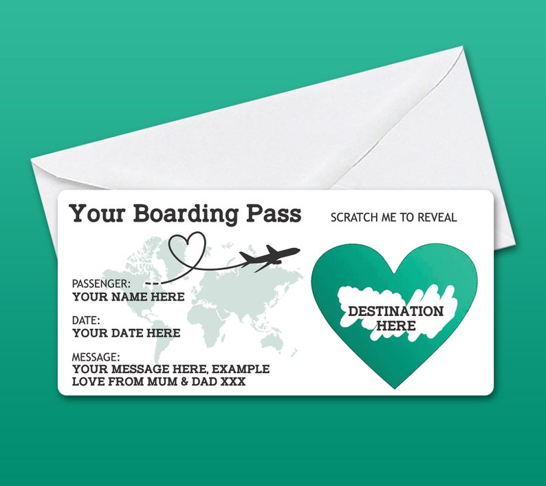 Personalised Scratch Reveal Boarding Pass, Scratch Off Surprise Boarding Card, Heart Reveal Boarding Pass for Surprise Holiday Destination Teal /White Envelope