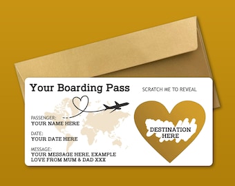 Personalised Scratch to Reveal Boarding Pass, Surprise Holiday Boarding Pass, Fake Boarding Pass for Holiday with Matching Envelope