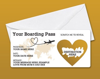 Personalised Scratch Reveal Boarding Pass, Scratch Off Surprise Boarding Card, Heart Reveal Boarding Pass for Surprise Holiday Destination