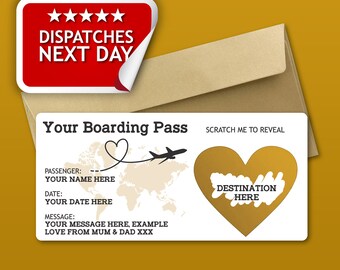 Personalised Scratch to Reveal Boarding Pass, Surprise Holiday Boarding Pass, Fake Boarding Pass for Holiday with Matching Envelope