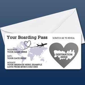 Personalised Scratch to Reveal Boarding Pass, Surprise Holiday Boarding Pass, Fake Boarding Pass for Holiday with Matching Envelope Blue /White Envelope