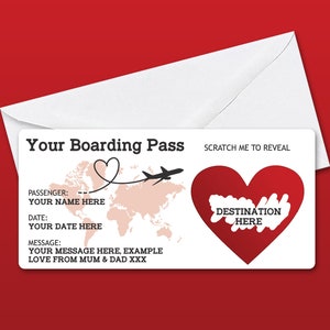 Personalised Scratch Reveal Boarding Pass, Scratch Off Surprise Boarding Card, Heart Reveal Boarding Pass for Surprise Holiday Destination Red /White Envelope