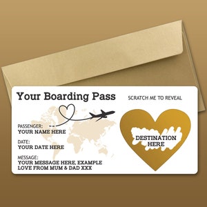 Personalised Scratch Reveal Boarding Pass, Scratch Off Surprise Boarding Card, Heart Reveal Boarding Pass for Surprise Holiday Destination Gold /Gold Envelope