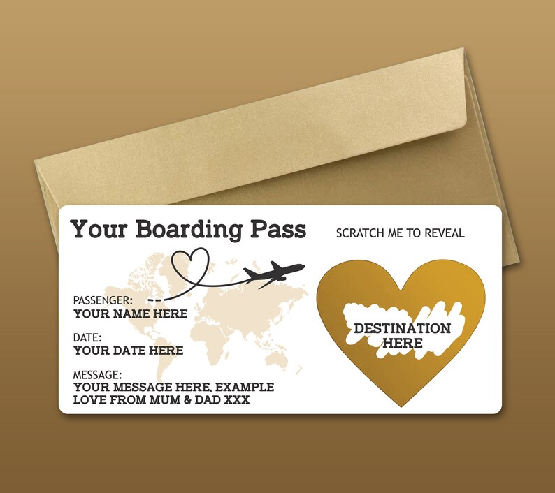 Personalised Scratch Reveal Boarding Pass, Scratch Off Surprise Boarding Card, Heart Reveal Boarding Pass for Surprise Holiday Destination Gold /Gold Envelope