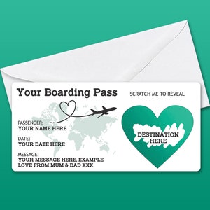 Personalised Scratch to Reveal Boarding Pass, Surprise Holiday Boarding Pass, Fake Boarding Pass for Holiday with Matching Envelope Teal /White Envelope