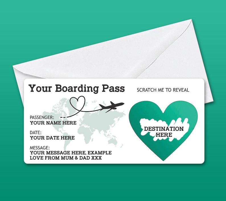 Personalised Scratch to Reveal Boarding Pass, Surprise Holiday Boarding Pass, Fake Boarding Pass for Holiday with Matching Envelope Teal /White Envelope