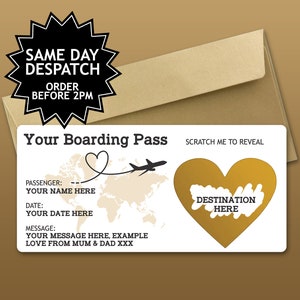 Personalised Scratch to Reveal Boarding Pass, Surprise Holiday Boarding Pass, Fake Boarding Pass for Holiday with Matching Envelope Gold / Gold Envelope