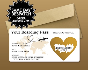 Personalised Scratch to Reveal Boarding Pass, Surprise Holiday Boarding Pass, Fake Boarding Pass for Holiday with Matching Envelope