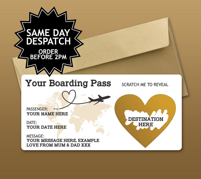 Personalised Scratch to Reveal Boarding Pass, Surprise Holiday Boarding Pass, Fake Boarding Pass for Holiday with Matching Envelope Gold / Gold Envelope