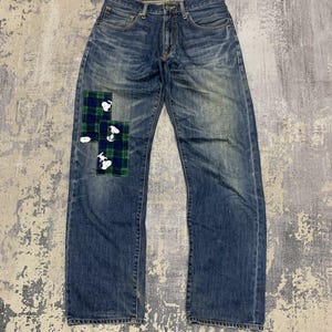 Custom Snoopy Patchwork Vintage Topvalu Distressed Relaxed Fit Jeans 31x31 Men's Faded Blue Denim 90s Japanese Streetwear Peanuts Character