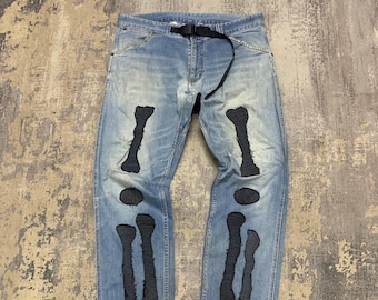 Pantalones vaqueros vintage Gramicci con patchwork de esqueleto personalizado, pantalones Kapital estilo calavera desgastados, pantalones de escalada estilo streetwear Y2K azules
