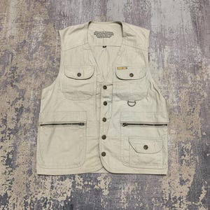 Vintage Even River Multipocket Utility Vest Beige Tactical Gorpcore Sleeveless Cargo Jacket Fisherman Workwear Gilet Techwear Men Size M
