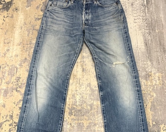 Vaqueros Edwin 505 Selvedge vintage: Denim desgastado con lavado claro, ancho 32 x 33.5