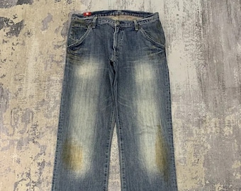 Vintage Blue Way Jeans Mud Splatter Distressed Denim Pants Japanese Brand Faded Style Grunge Streetwear Utility Workwear Trousers W32x33