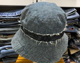 ヴィンテージの日本製デニムバケットハット：パッチワークのボロ