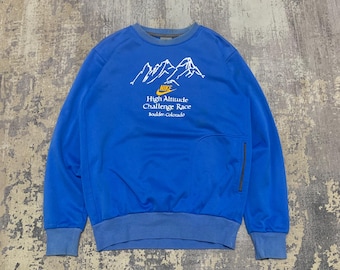 Felpa vintage Nike, girocollo Nike, maglione Nike Swoosh, pullover Nike Air Sportswear, maglione Nike Swoosh con logo ricamato, blu medio