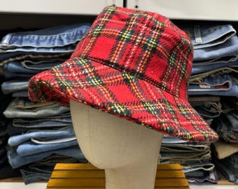 Fischerhut - Vintage 90er Jahre Scottish Red Tartan Design - Baumwollhut