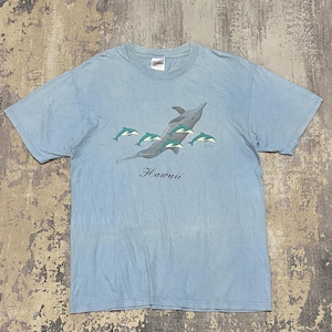 May include: A light blue short-sleeve t-shirt featuring a graphic of a large grey dolphin surrounded by several smaller teal dolphins. The word Hawaii is printed in a cursive script below the dolphin graphic on the front of the garment.
