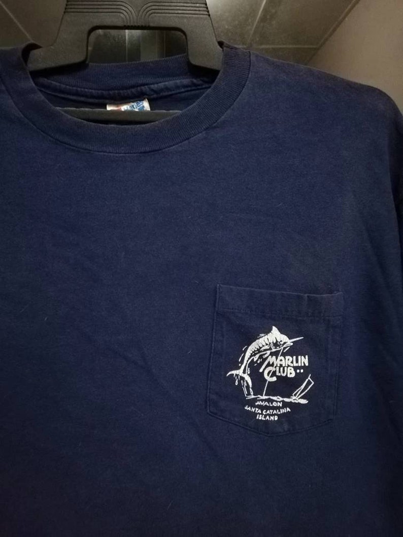 Vintage 80s Single Pocket Marlin Fishing Club T Shirts Blue Extra Large