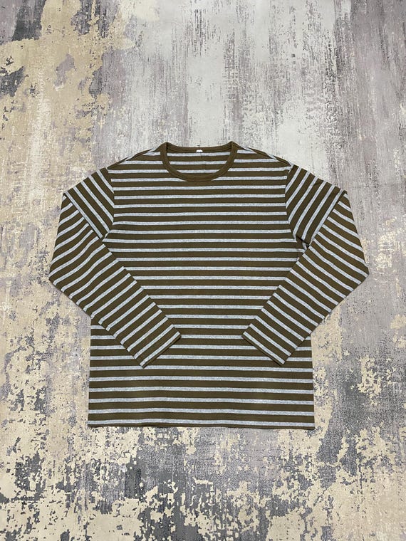 Uniqlo, Vintage UNIQLO Striped Long Sleeve T-Shirt Olive Green / Grey – Minimalist Casual Grunge Streetwear Medium