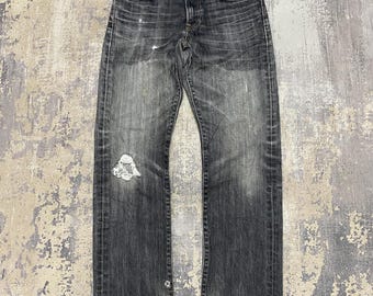 Uniqlo Faded Black Jeans Straight Leg Distressed Whiskered Paint Splatter Destroyed Ripped Knee Grunge Punk Goth Skate Aesthetic