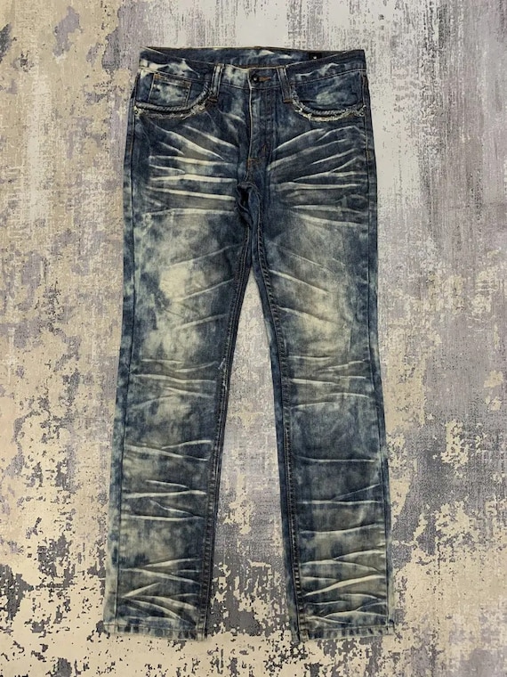 Acid Wash Jeans - Semantic Design Bleach Denim Pants - Size 34x33
