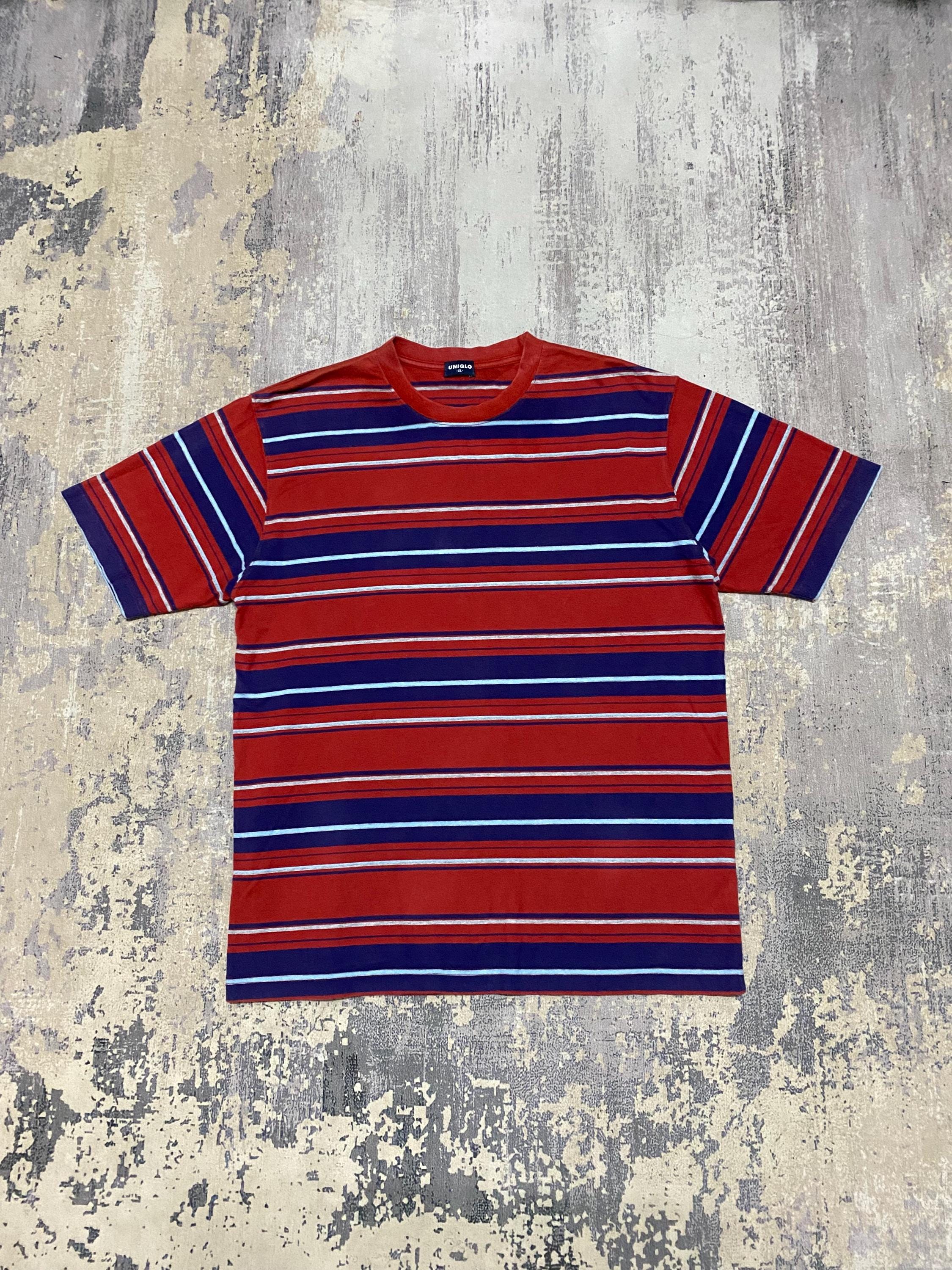 Uniqlo, Vintage Stripe Shirt Uniqlo Japanese Brand Stripe Crewneck T-shirt / 90s Casual Streetwear / Red Blue Tee