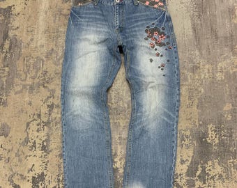 Japanese Brand Embroidered Sakura Flower Denim Pants: Sukajan Sakura, Y2k Streetwear (W33x29)