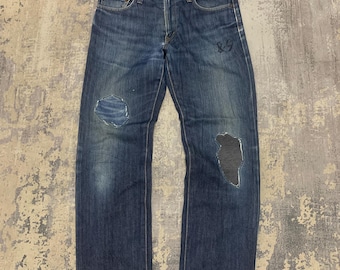 Vintage Edwin Jeans Made in Japan Distressed Denim Blue Wash Patchwork Jeans Faded Grunge Style Straight Leg W34x29