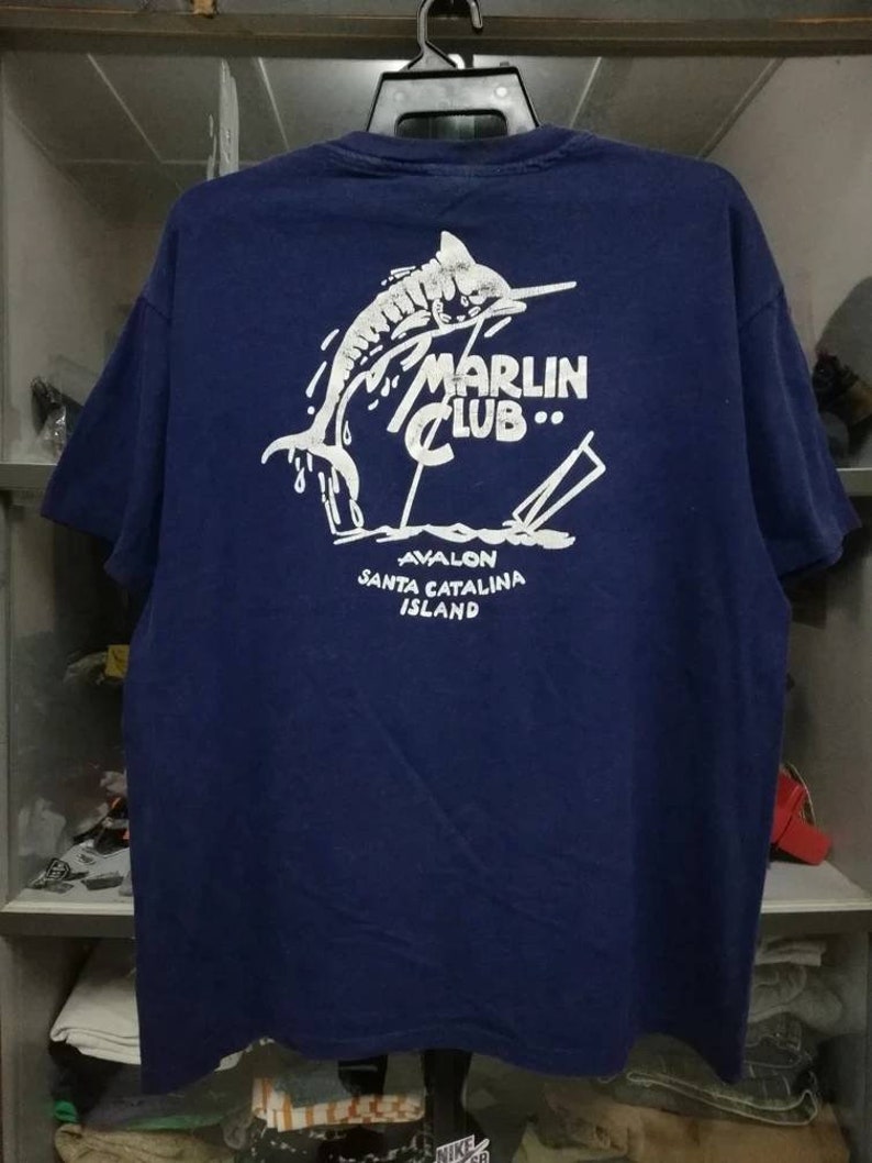 Vintage 80s Single Pocket Marlin Fishing Club T Shirts Blue Extra Large