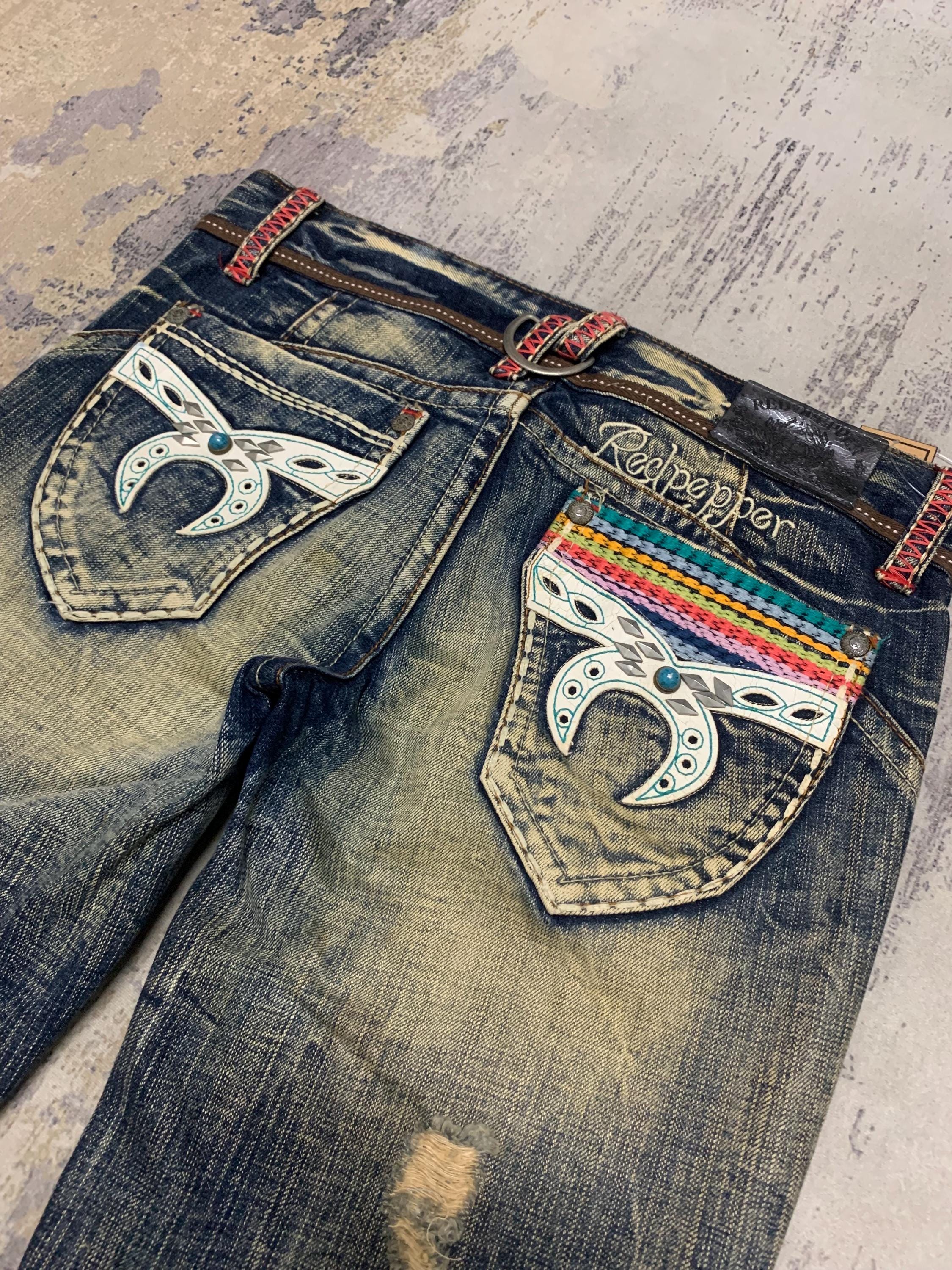 Vintage Red Pepper Embroidered Jeans, Bootcut Denim (w32x31) - Etsy