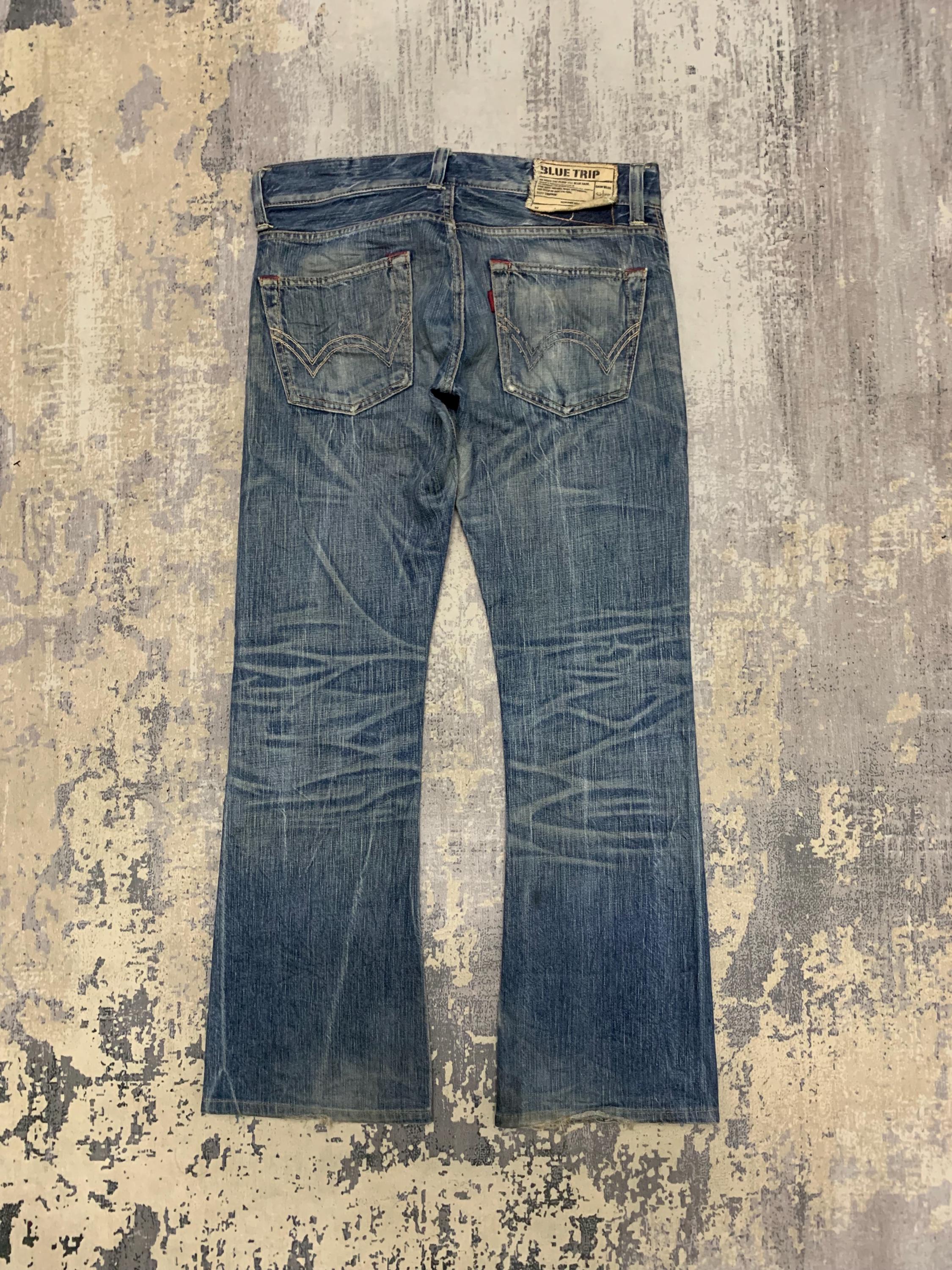 Japanese Brand Edwin 503 Blue Trip Flare Leg Distressed Mens