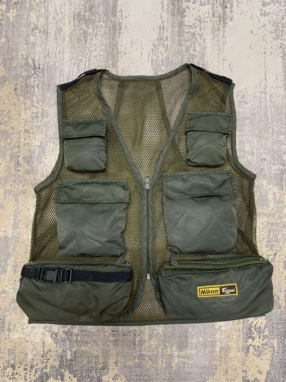 Vintage Nikon Camera Vest Khaki Green Utility Mesh Gilet Multi