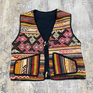 Boho Kilim Patchwork Vest | Vintage Tribal Patterned Waistcoat | Ethnic Wool Festival Jacket | Unique Handmade Folk Style Gilet Coat