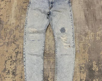 Vintage Edwin Acid Wash Jeans Distressed Tapered Leg Denim 90s Streetwear Repaired Ripped Light Wash Slim Fit Japanese Brand Unisex W29